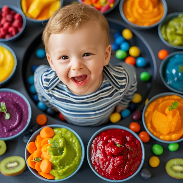 Un bebé yace en tazones de comida multicolores.