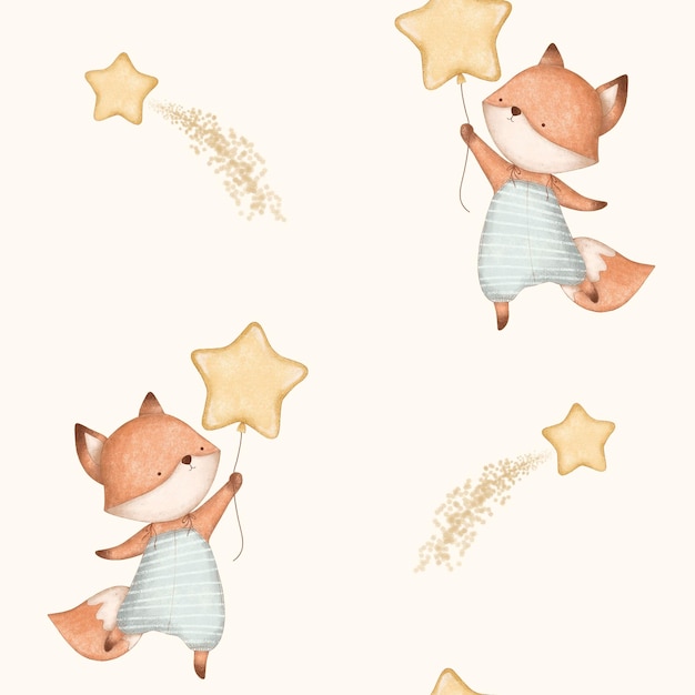 Bebé zorro con un globo de estrella Característico personaje de dibujos animados para la decoración de la guardería y las impresiones antes de acostarse