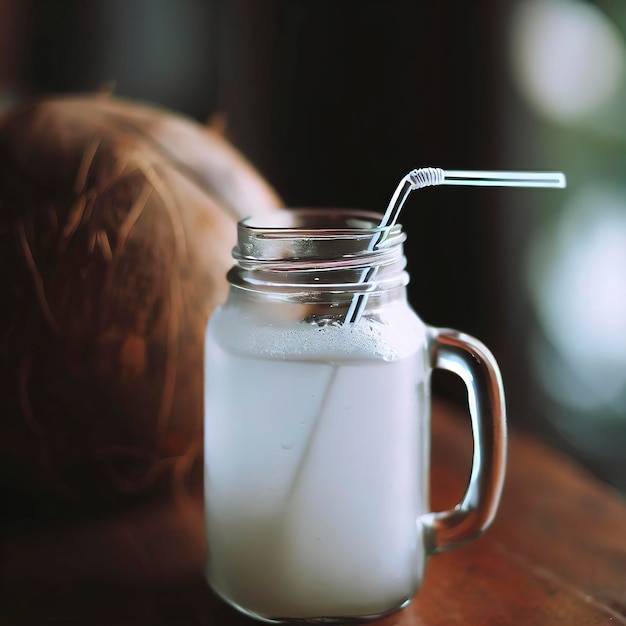 Foto beber agua de coco en un frasco de vidrio con mango