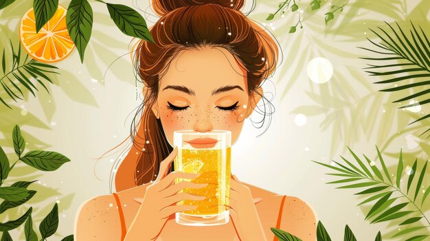 Beber água doce de um copo Ilustração de design moderno desenhada à mão