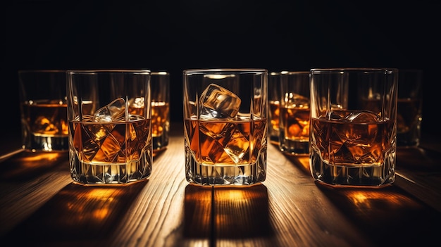 Beber álcool uísque ou bourbon com cubos de gelo em mesa de madeira escura de perto