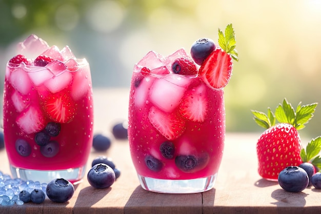 Beber con bayas con frutas y hielo a su alrededor en un banco de madera de la cocina vista delantera ai generativa