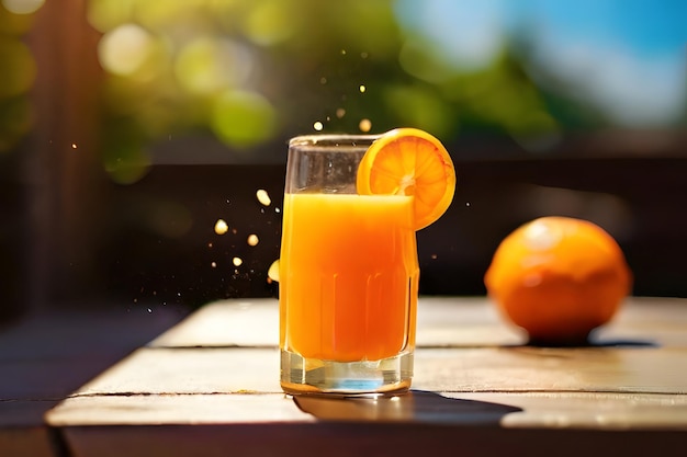 Beber jugo de naranja fresco en la mesa natural