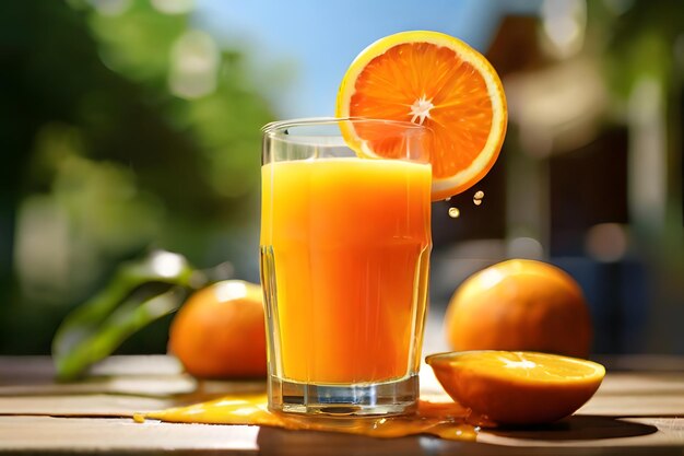 Beber jugo de naranja fresco en la mesa natural