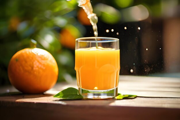 Beber jugo de naranja fresco en la mesa natural