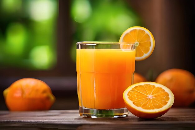 Beber jugo de naranja fresco en la mesa natural