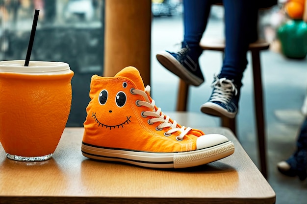 Beber con naranja en una taza en la mesa lindas zapatillas de deporte asiento de personaje en la cafetería