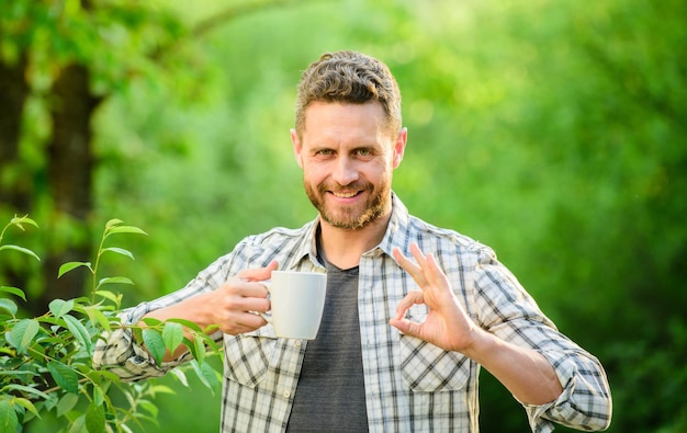 Beber té al aire libre hombre feliz con una taza de té vida ecológica para el hombre hombre en el bosque verde café de la mañana estilo de vida saludable naturaleza y salud desayuno tiempo de refresco ok gesto Más café