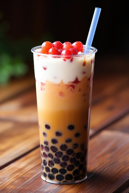 Beber té de burbujas multicolor o té de leche de Taiwán con burbujas con paja sobre fondo de madera