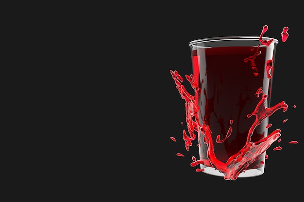 Beber en vaso con salpicaduras de agua sobre fondo negro. Ilustración de renderizado 3D