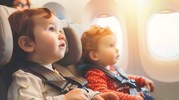 Bebés explorando el mundo desde el cielo vista desde el asiento de un avión