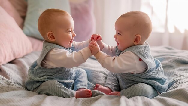 Foto bebés jugando en la cama