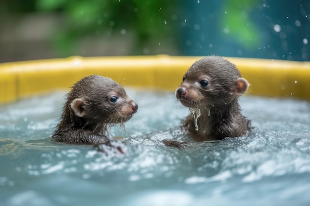 Bebês lontras brincando na piscina com água pulverizada e borbulhante criada com IA generativa