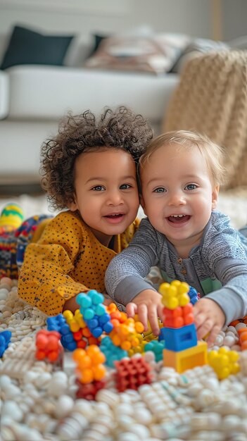 Bebés pequeños caucásicos y multirraciales jugando en el suelo con juguetes en casa IA generativa