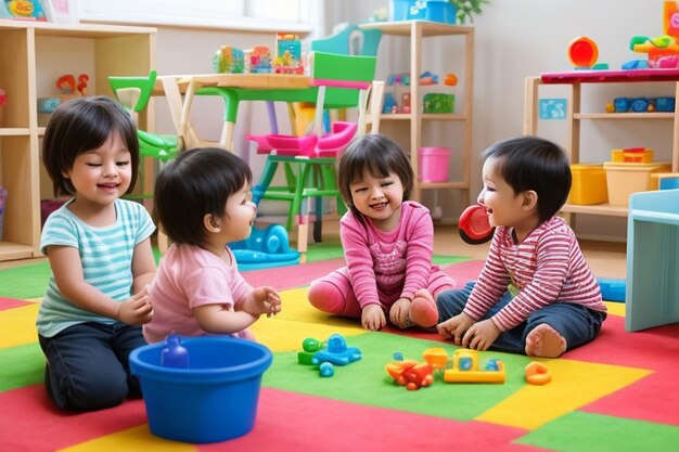 Bebês sorrindo brincando juntos em uma sala de brincadeiras bebês meninas brincando com brinquedos perto da casa