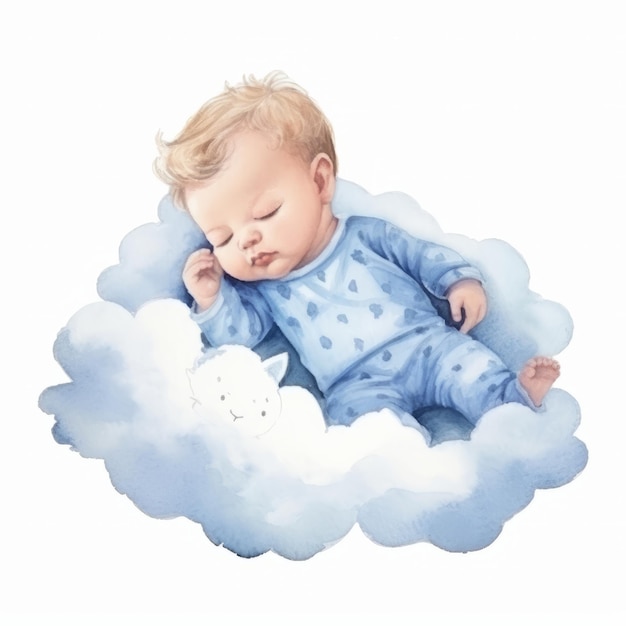 Bebezinha bonitinha de pijama azul Ilustração em aquarela