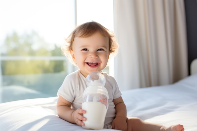 bebezinho feliz e fofo segurando uma mamadeira com leite e sorrindo Fórmula láctea para bebês