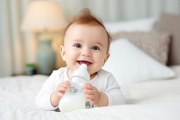 bebezinho feliz e fofo segurando uma mamadeira com leite e sorrindo Fórmula láctea para bebês