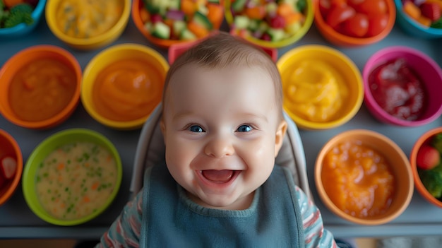 Bebezinho sorrindo sobre tigelas coloridas de comida