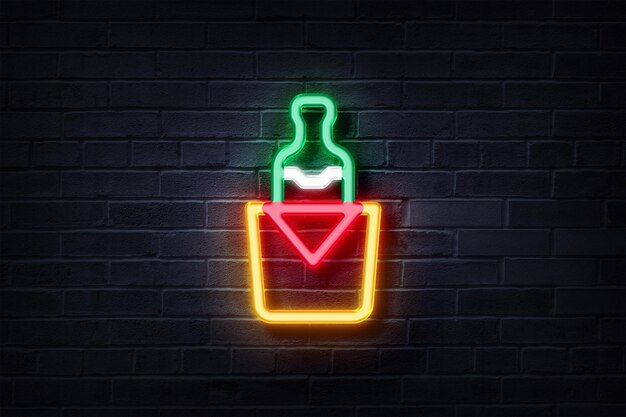 Foto bebida alcohólica neon champagne en una pared de ladrillo