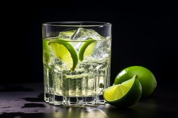Bebida alcoólica saborosa coquetel tequila com lima e sal em fundo escuro vibrante