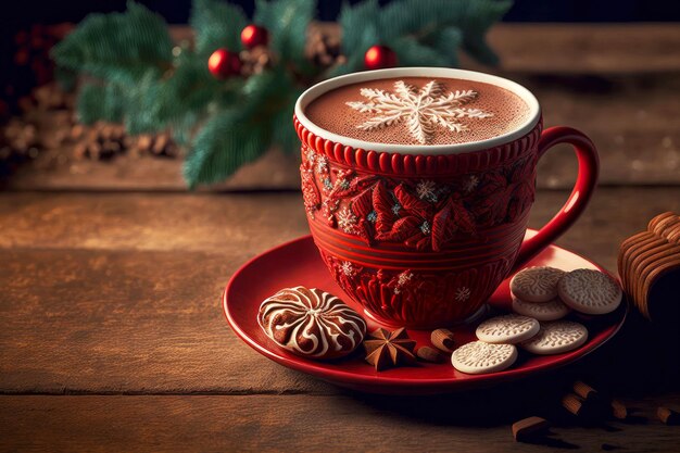 Bebida de año nuevo taza roja de chocolate caliente en la mesa de madera