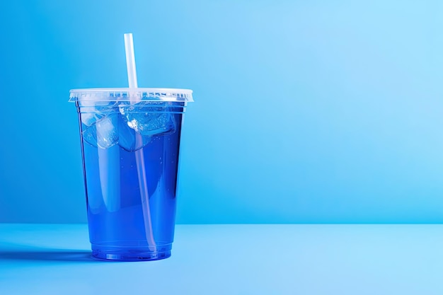 Bebida azul em um copo de plástico isolado em um fundo azul Conceito de bebidas com espaço de cópia