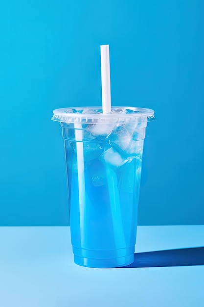 Bebida azul em um copo de plástico isolado em um fundo azul Conceito de bebidas para viagem