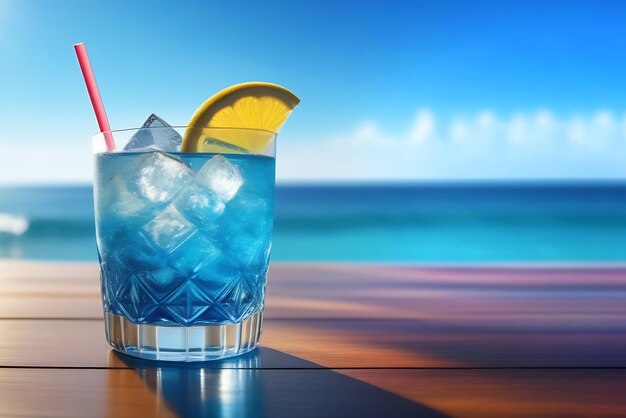Una bebida azul con una pajita en ella está en una mesa junto al océano