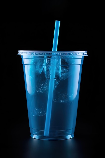 Foto bebida azul en una taza de plástico aislada sobre un fondo negro concepto de bebidas para llevar