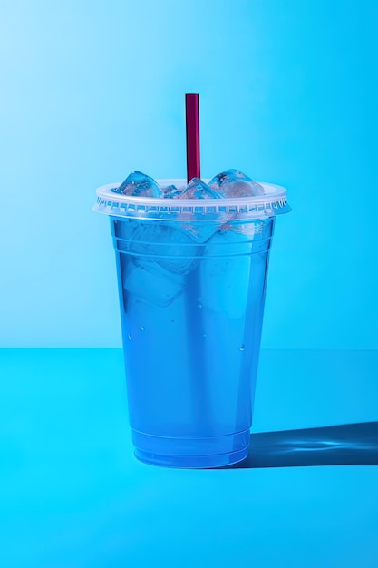 Bebida azul en un vaso de plástico aislado sobre un fondo azul Concepto de bebidas para llevar