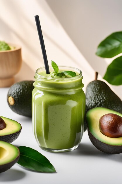 Foto bebida de batido de aguacate con fondo de papel blanco aislado