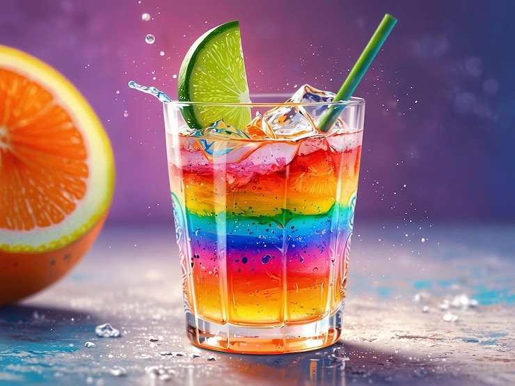 una bebida con una bebida de color arco iris y llena de sabores tropicales