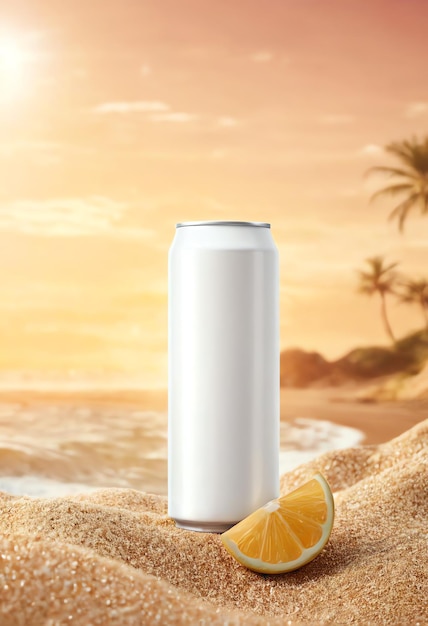 Bebida en blanco puede copiar maqueta de espacio con fondo de playa vibrante