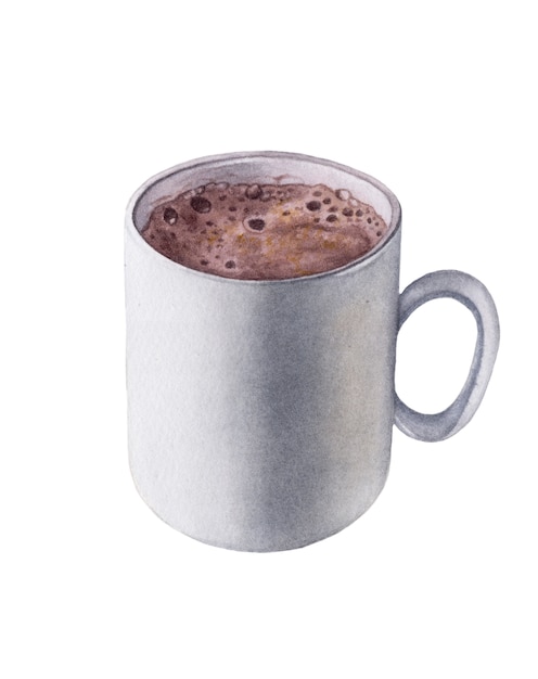 Bebida de cacao acuarela en taza blanca.