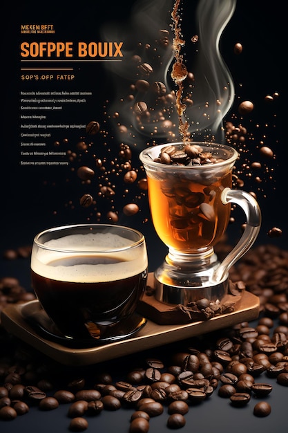 Bebida de café filtrado con filtro tradicional y granos de café Sitio web de diseño de cultura culinaria de la India