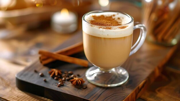 Bebida caliente aromática en una taza de vidrio en una mesa de madera La bebida está cubierta con leche espumada y una pizca de canela