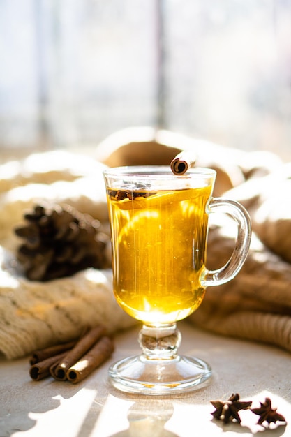 Bebida caliente de invierno con canela y limón en un día soleado