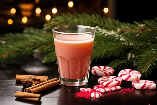 Bebida caliente rodeada de agujas de pino y caramelos de menta roja.