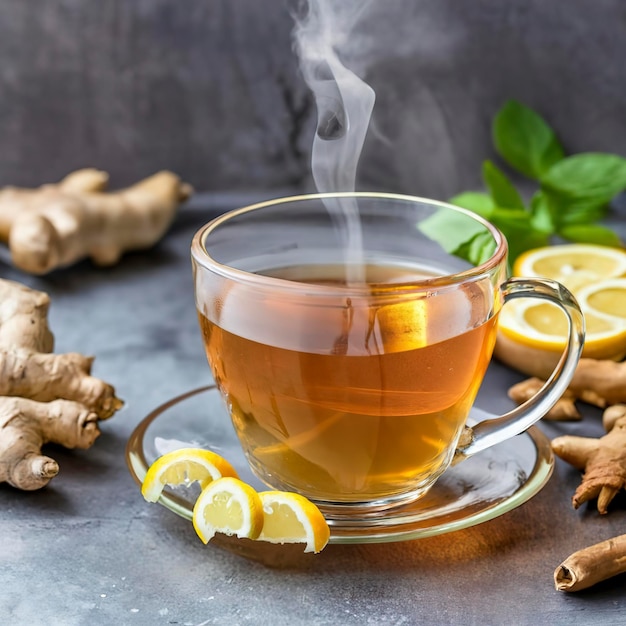 Bebida caliente de té de jengibre con remedio natural de limón para los días fríos.