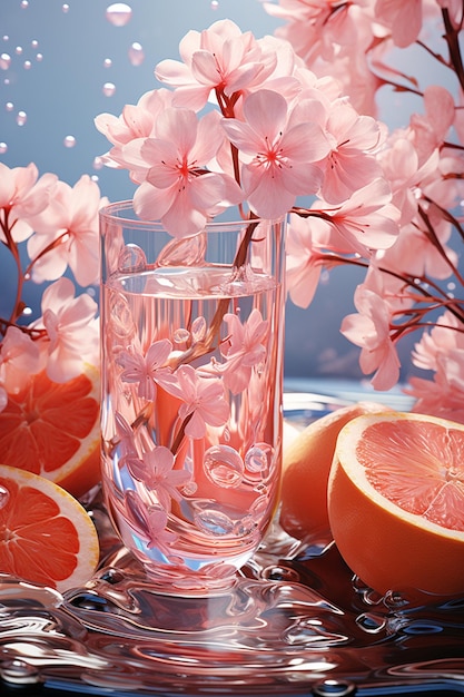 Bebida cítrica com cubos de gelo, toranjas e flores Generative AI