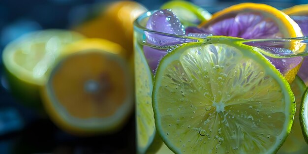 Foto bebida cítrica de verano picante con limón clave y rebanadas de limón persa concepto refrescos de verano bebidas cítricas recetas de limón bebidas frutales cócteles de temporada