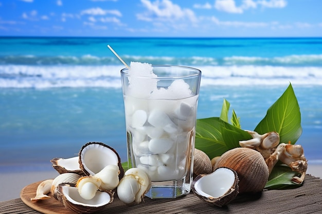 Bebida de coco y almuerzo de playa de mariscos frescos