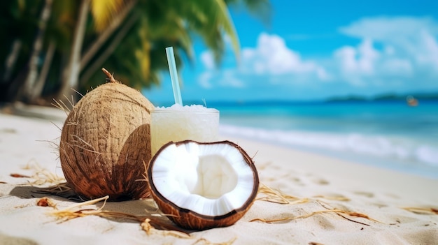 Foto bebida de coco fresca en la playa de arena refresco perfecto de verano 8k