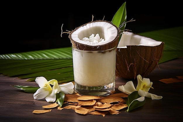 Bebida de coco con guarnición de hojas de palma