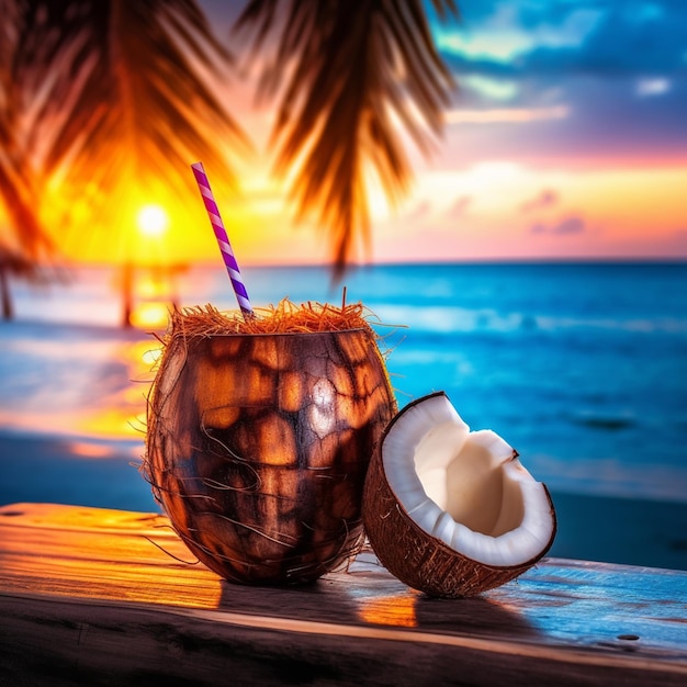 Una bebida de coco con una pajita con una puesta de sol en el fondo