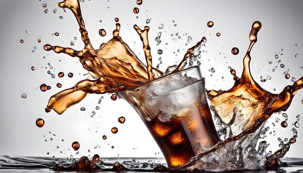 Bebida de cola helada con salpicaduras aisladas sobre un fondo blanco