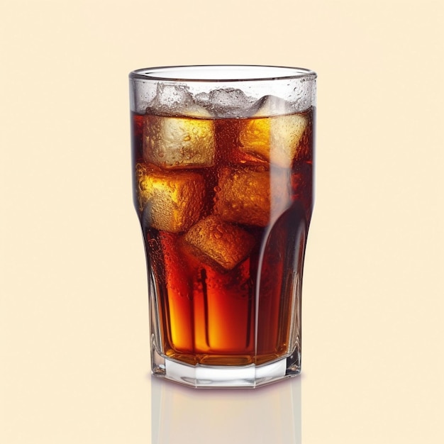 Foto bebida de cola helada en una taza de vidrio piezas de hielo