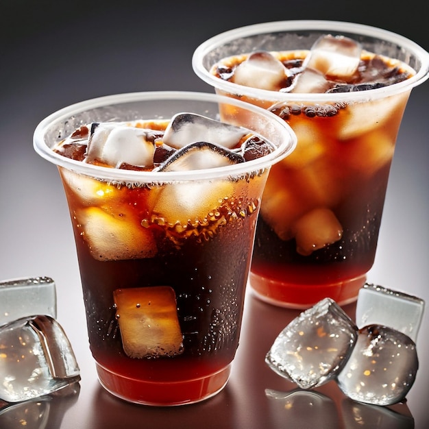 Bebida de cola helada en un vaso de vidrio Trozos de hielo