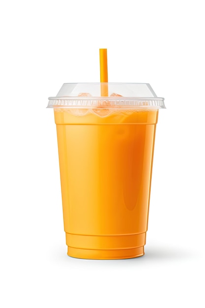 Bebida de color naranja en un vaso de plástico aislado sobre un fondo blanco Concepto de bebidas para llevar